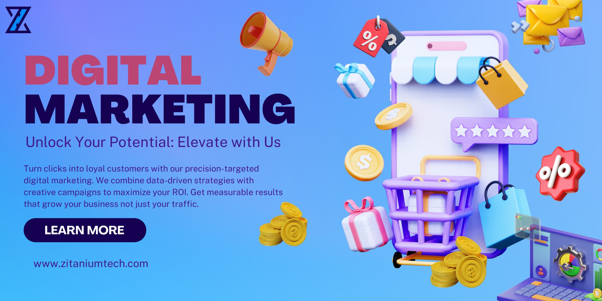 Purple Modern 3D Illustrative Digital Marketing Webinar Banner